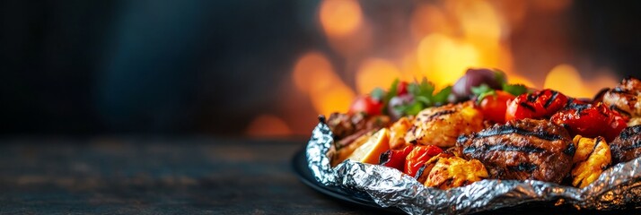 A close-up shot of a beautifully arranged platter of grilled food, featuring juicy chicken, flavorful burgers, and vibrant vegetables. The backdrop is a warm and inviting flame, symbolizing heat, pass