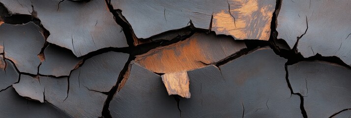 A close-up photograph of tree bark, revealing a mesmerizing abstract pattern of cracks and crevices. The dark gray bark contrasts with subtle hints of orange, evoking a sense of age, resilience, and t