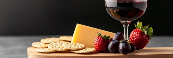 A close-up shot of a cheese and cracker platter with grapes, strawberries, and a glass of red wine. The platter is made of wood and is set on a gray countertop. The cheese is a block of cheddar cheese