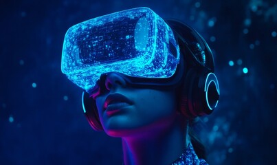 Woman Wearing VR Headset With a Glowing Display In Blue and Purple Lights