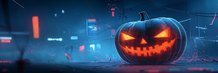 Wall Mural - A digital illustration of a glowing jack-o-lantern pumpkin in a futuristic, neon-lit cityscape.  The pumpkin represents Halloween, while the neon lights symbolize the modern world and technology. The 