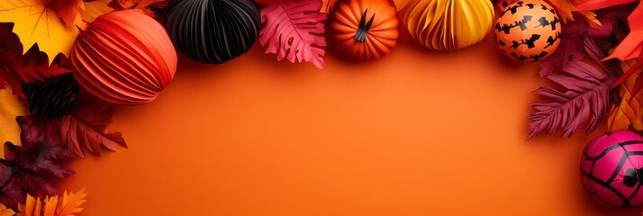 Poster - A flat lay image featuring a collection of Halloween decorations, including pumpkins, leaves, and spooky ornaments, arranged on a vibrant orange background. This image evokes the spirit of fall and Ha