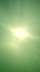 Wall Mural - Vertical video, Underwater sun rays in the green surface of water. Light filters down through yellow water. Bottom view on green water surface with sun, Slow motion 