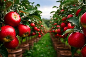 Apple Garden Trees, Orchard, and Harvest depicted in a vibrant scene where rows of apple trees are laden with ripe fruits ready for picking, under a clear blue sky