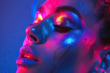 Canvas Print - Fashion model in neon lights with metallic makeup and accessories.