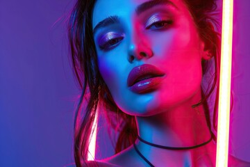 Canvas Print - Fashion model in neon lights with trendy makeup in studio.