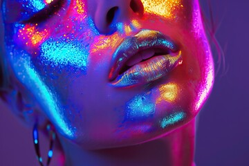 Wall Mural - Fashion model with metallic silver lips in neon lights  colorful makeup.