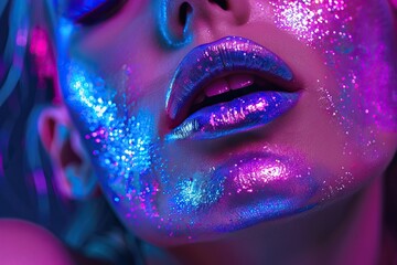 Poster - Fashion model with silver lips in neon lights  colorful makeup.