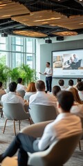 Poster - A Business Presentation in a modern conference room fosters innovative ideas, enhances collaboration, improves communication, and boosts engagement, leading to greater success and productivity