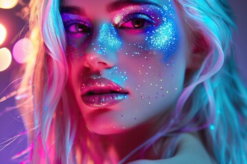 Canvas Print - Fashion model in bright sparkles and neon lights  vibrant makeup.