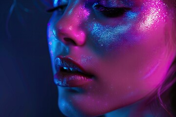 Poster - High fashion model with colorful neon makeup poses in studio