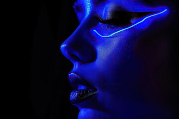 Poster - Fashion girl with stylish makeup in blue neon light portrait