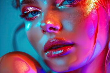 Wall Mural - High fashion model posing in colorful neon lights portrait.