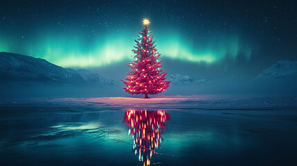 Wall Mural - christmas tree in the northern lights background