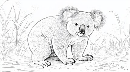 Wall Mural - Outline illustration of a black and white koala for drawing and coloring on white background