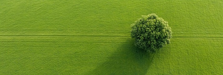 Canvas Print - A solitary tree stands tall in the center of a vast, green field. The overhead perspective highlights the tree's circular shape and the surrounding expanse of vibrant greenery. The image evokes a sens