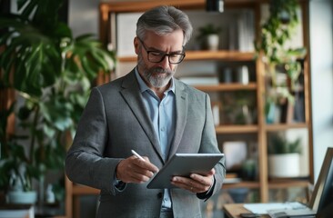 Poster - A skilled businessman is using advanced digital technology in a modern office that promotes innovation, boosts productivity, and fosters teamwork and collaboration among employees