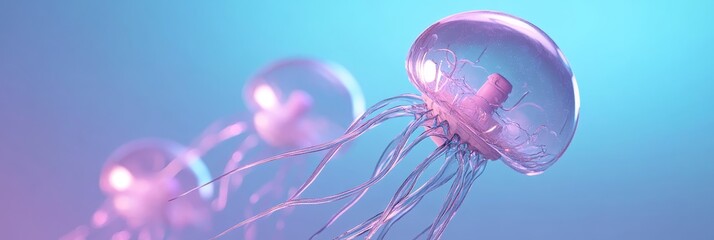 Wall Mural - A surreal, abstract depiction of a jellyfish,  in a neon blue and pink color gradient. The jellyfish appears to be floating, with its translucent body and delicate tentacles blending ly into the ether