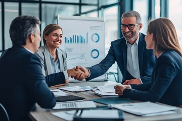 Poster - A dynamic office meeting with professionals engaging in a handshake, symbolizing teamwork and partnership among executives striving for collective success, emphasizing collaboration and communication