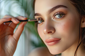 Wall Mural - beautiful young woman applying eyeshadow powder