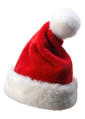 Fluffy red Santa hat with a white fur trim and pompom, ideal for adding a touch of festive cheer to Christmas outfits. Isolated on transparent background, png.