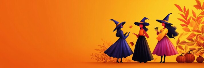 Poster - Three whimsical witches, adorned in colorful attire and pointy hats, gather amidst autumn leaves and pumpkins. They share a light-hearted moment, symbolizing friendship, magic, and the joy of Hallowee