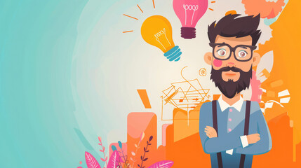 Wall Mural - A confident man with a beard and glasses poses while surrounded by colorful light bulbs and artistic plants, symbolizing creativity