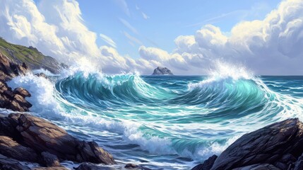 Beautiful seashore landscape with swirling ocean waves, set against a realistic background of rugged stones and clear skies