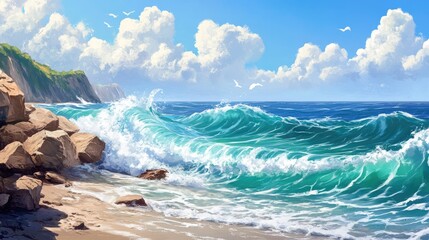 Beautiful seashore landscape with swirling ocean waves, set against a realistic background of rugged stones and clear skies