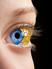 A close-up of a human eye with a unique mosaic pattern. The iris is divided into two sections, one blue and one yellow, symbolizing duality, balance, vision, and perception. The mosaic pattern evokes 