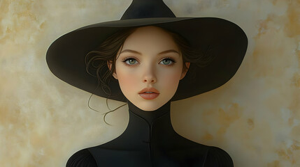 Wall Mural - A young woman with long brown hair and green eyes wearing a black hat and a black collared top.