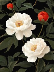 Sticker - A delicate illustration of two white peonies in full bloom against a dark background. The peonies have a soft, creamy white color and are surrounded by lush green leaves. The image evokes a sense of b