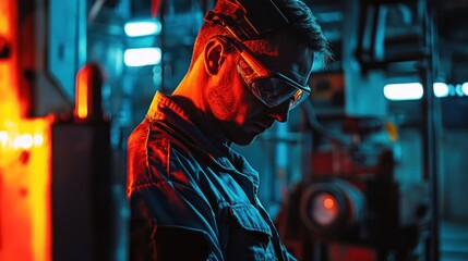 Wall Mural - Man in Safety Glasses Wearing a Blue Work Uniform in a Factory