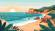 © sommersby - The sun sets behind cliffs, casting warm hues over a peaceful beach with gentle waves and lush vegetation