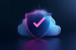 © Thunder - 3D render of a cloud security shield with a checkmark icon on a dark background,