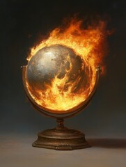 Wall Mural - A globe engulfed in intense flames, symbolizing environmental destruction, climate change, global conflict, and the fragility of our planet. The fiery glow illuminates the potential for catastrophe an