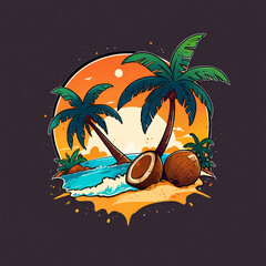 illustration of a coconut tree with a beach and waves. summer vacation concept