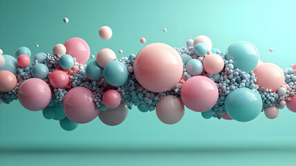 Wall Mural - Abstract 3D illustration of pink and blue spheres floating against a mint green background.