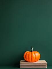 Canvas Print - A single, vibrant orange pumpkin rests on a stack of brown paper against a rich green background. The pumpkin symbolizes autumn, harvest, and the changing seasons. It represents warmth, abundance, and