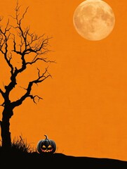 Sticker - A spooky Halloween scene with a lone jack-o'-lantern sitting in front of a silhouette of a bare tree against an orange sky with a full moon. The image evokes feelings of mystery, anticipation, and the