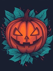 Sticker - A vibrant and spooky illustration of a jack-o-lantern with a glowing face, surrounded by teal leaves. The design symbolizes Halloween, fall, spooky fun, and festive celebration.