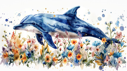 A dolphin among bright colors on a white background. Watercolor illustration.