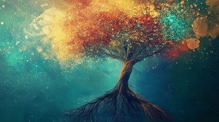 Wall Mural - A captivating abstract painting of a tree with its roots intricately woven into a network of ethereal light. The tree's branches reach up towards a celestial sky, symbolizing growth, connection, and t