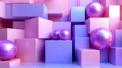 Poster - Abstract 3D render of spheres and cubes in pink and purple tones.