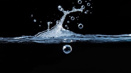 Wall Mural - A captivating photograph showcasing a dynamic water splash with numerous bubbles, frozen in time against a stark black backdrop. The water droplets create an intricate pattern of movement, evoking the