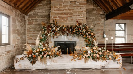 Sticker - Fall floral arrangement in a tall log with fall flowers and candles 