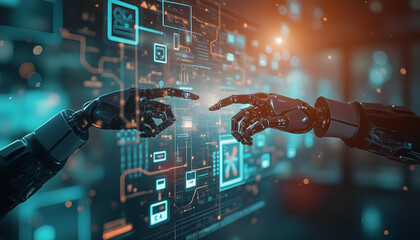 a sleek and modern office is filled with a vibrant array of technology in various spheres. The screen displays a complex network of electronic devices generative ai 