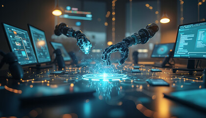 a sleek and modern office is filled with a vibrant array of technology in various spheres. The screen displays a complex network of electronic devices generative ai 