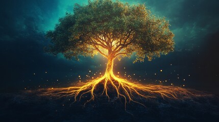 Wall Mural - A solitary tree with luminous roots spreading out in a network, symbolizing connection, growth, and the interconnectedness of life. The glowing roots radiate a sense of energy and vitality, contrastin