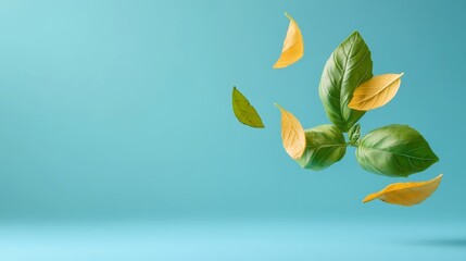 Wall Mural - A vibrant image of green basil leaves and yellow leaves floating gracefully on a serene blue background, evoking a sense of nature's delicate beauty, change, and renewal.